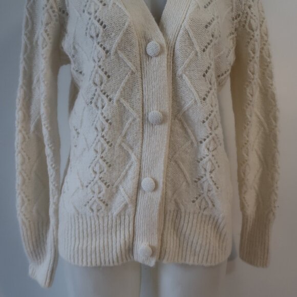 NWT Women Minnie Rose Vanilla Pointelle Mohair Wool V-Neck Cardigan Sweater XS/S - Picture 4 of 9